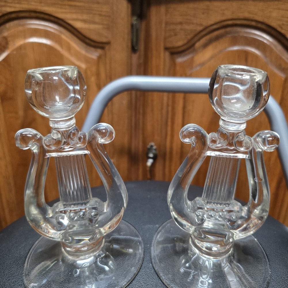 Crystal Lyre "Harp" Clear Glass Candle Holders - Picture 2 of 6